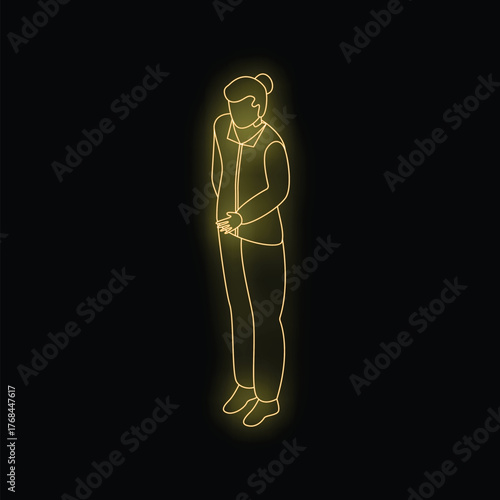 Neon sign of businesswoman with hands clasped in front of her, showing respect and good manners in business context
