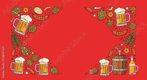 Decorative border of oktoberfest elements including beer mugs, sausages, hops, and a barrel on a red background.