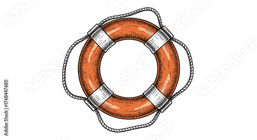 An orange life preserver with ropes and white straps, depicted in a vintage sketch style.