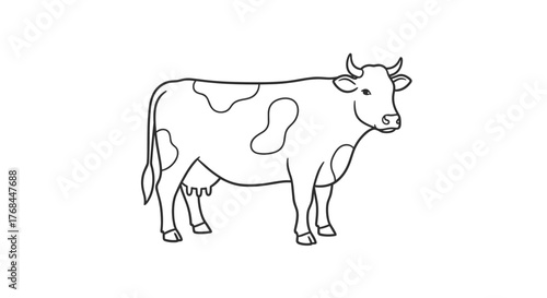 Outline drawing of a black and white spotted dairy cow standing on a white background.
