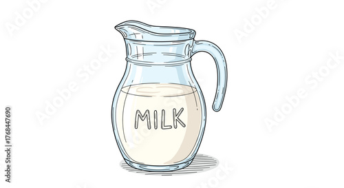 Illustration of a clear glass pitcher filled with white milk and the word milk written on it.