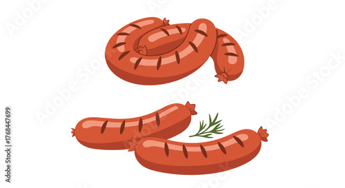 Illustration of three grilled sausages, two coiled and one in a line next to dill pickles.