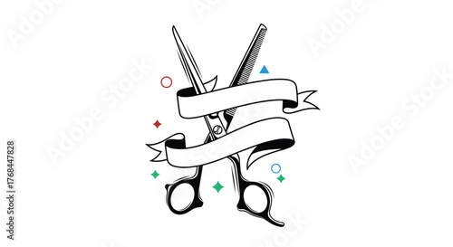 Stylized illustration of a pair of scissors with a banner and decorative elements.