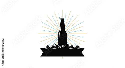 Black silhouette of a beer bottle with mountains and a banner against a background of radiating lines.