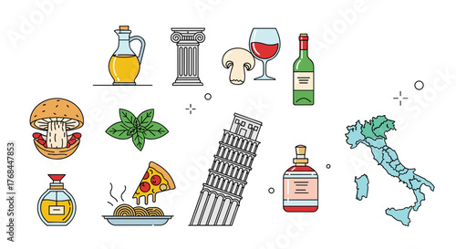 Collection of Italian icons including food, landmarks, and symbols.