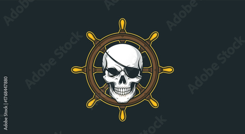 Pirate skull with an eye patch is centered within a ship's steering wheel on a dark background.