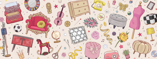 Garage sale background with hand drawn furniture and interior things in retro style. Home decoration horizontal pattern. Vintage interior items backdrop. Vector illustration