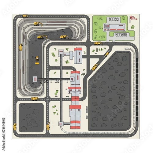 Overhead view of a cartoon-style coal mine with roads and buildings.