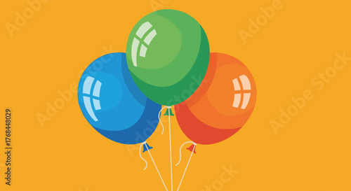 A cluster of three colorful balloons, green, blue, and orange, float against a vibrant orange background.