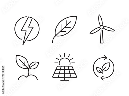 Clean energy line art icons representing ecological sustainability and environmental responsibility for a better future