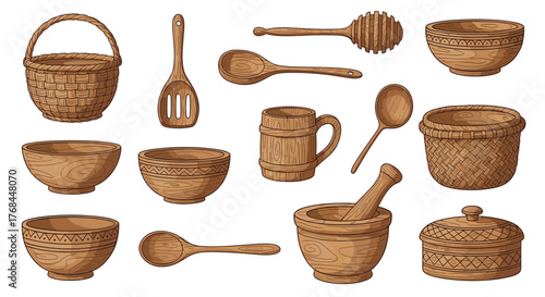 A collection of rustic wooden kitchen utensils and containers including bowls, baskets, and spoons.
