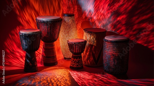 Creative photo of African drums arranged around a Kinara, vibrant colored lights casting dramatic shadows