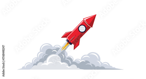 A red cartoon rocket blasting off with a trail of smoke and fire against a white background.