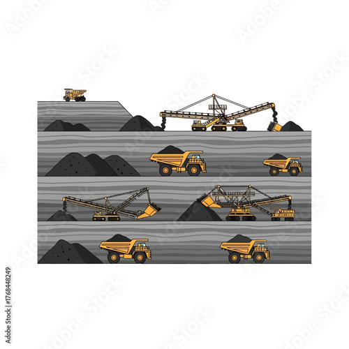 Illustration of a coal mine with heavy machinery and trucks extracting and transporting coal from layered deposits.