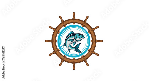 A nautical ship's wheel logo features a leaping fish within concentric blue water circles.
