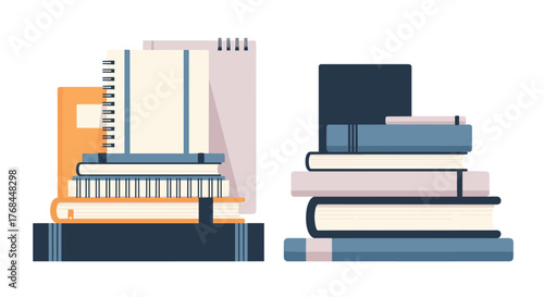 Stacks of assorted books and notebooks in a clean, minimalist flat design style.