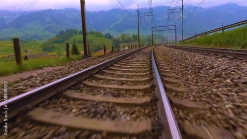 A time lapse low angle view of train tracks riding across the kandertal valley in switzerland on a cloudy day