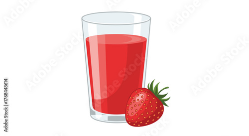 A tall glass of bright red strawberry juice sits next to a fresh strawberry.