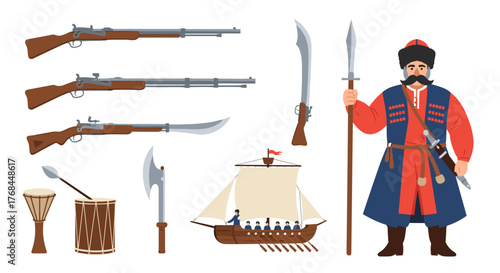 Historical collection of weapons, a man in traditional attire, and a sailing ship on a white background.