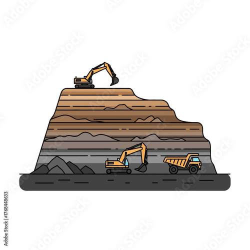 Open-pit mining operation with excavators and dump truck on layered earth, illustrating resource extraction and industrial process.