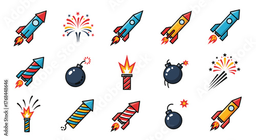 A collection of cartoon-style fireworks and rockets for celebrations.