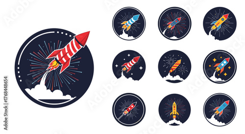 Collection of circular icons featuring rockets launching with fireworks and clouds.