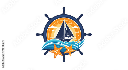 Nautical logo featuring a sailboat on wavy ocean with starfish and ship's wheel.