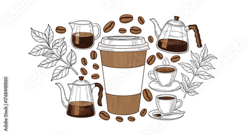Hand drawn illustration of coffee elements including cups, teapots, beans, and leaves.