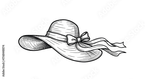 Vintage illustration of a wide-brimmed straw hat with a bow and ribbons.