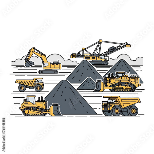 Stylized vector illustration of heavy industrial machinery for mining and construction operations.