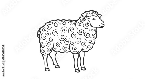 Black and white line drawing of a fluffy sheep with curly wool standing on a white background.