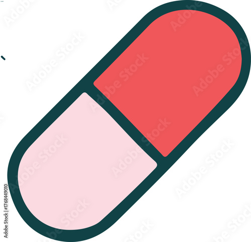 Simple icon of a capsule pill with pink and red halves representing medication or health concepts for design projects