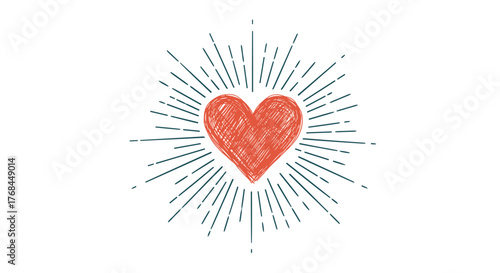 A hand-drawn red heart symbol radiates outwards with light rays on a white background.