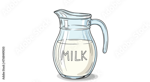 Hand drawn illustration of a glass pitcher filled with milk and the word milk written on it.