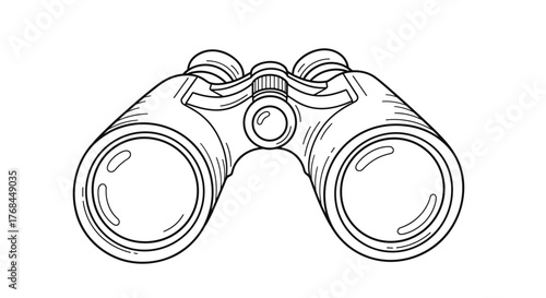 Black and white illustration of a pair of binoculars on a white background; a still life.