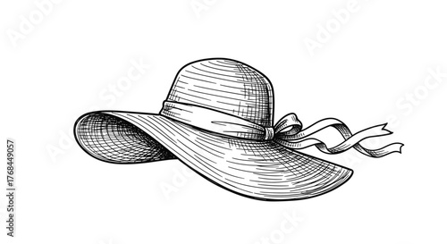 Sketch of a vintage wide-brimmed straw hat with a ribbon and bow.
