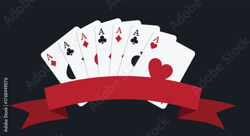 Fan of aces playing cards with red ribbon banner against dark background.