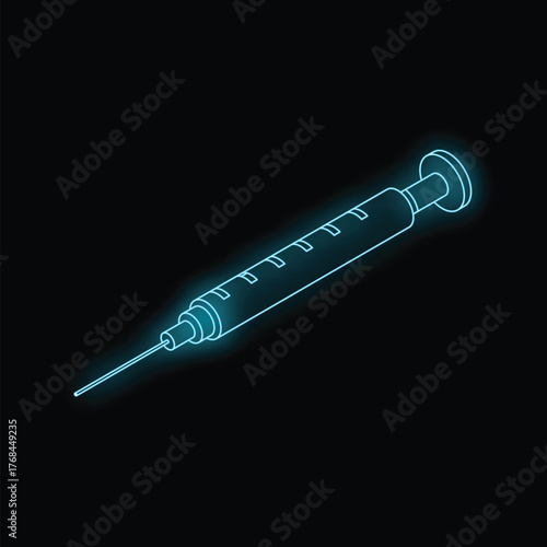 Neon blue syringe glowing against a black background, representing medical concepts, vaccination, or drug addiction