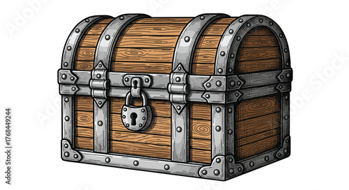 A vintage wooden treasure chest with metal reinforcements and a padlock sits against a white background.