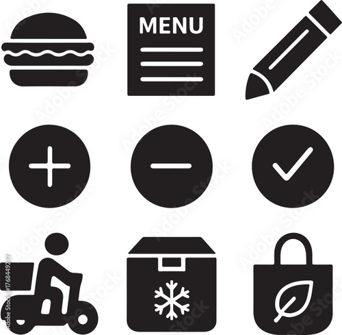 Delivery service icons set featuring food scooter menu plus minus checkbox shopping bag and freezer box for online ordering and logistics
