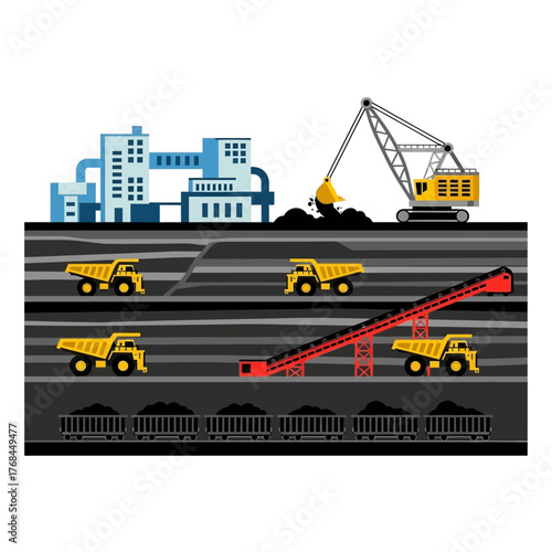 Vector illustration of a coal mining operation showing surface and underground extraction with heavy machinery.