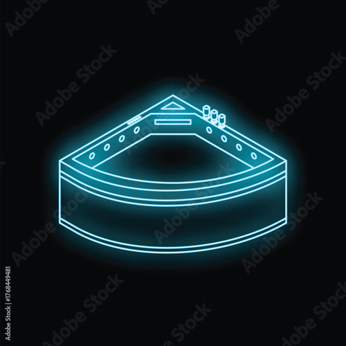 Turquoise glowing neon sign of a modern corner whirlpool bathtub on black background