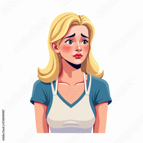 Disappointed woman with blonde hair wearing an apron showing concern  