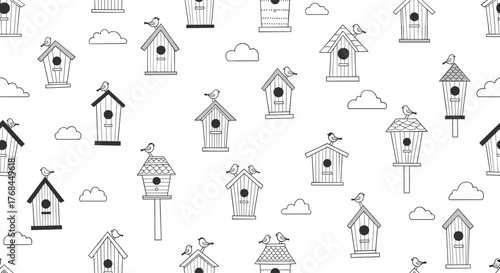 Seamless pattern of hand-drawn birdhouses and clouds in a whimsical illustration.