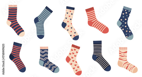 Collection of ten colorful and patterned socks for winter or everyday wear.
