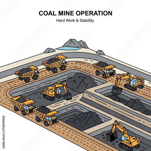 Isometric illustration of a surface coal mine operation with yellow excavators loading dump trucks with coal in an open pit.