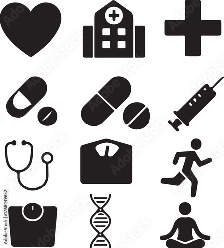 Set of medical icons heart hospital cross pills syringe stethoscope runner dna yoga