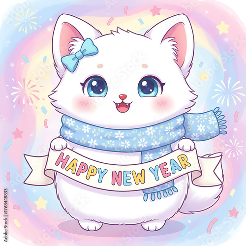 Cute Fluffy White Cartoon Fox or Kitten Holding Happy New Year Banner – Adorable Festive Illustration