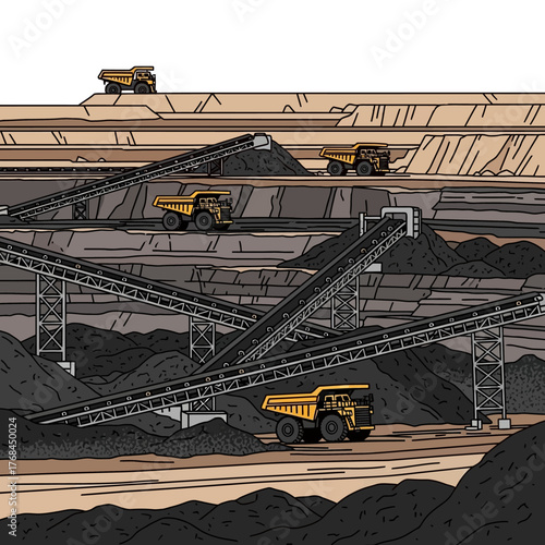 An illustration depicting a large-scale open-pit coal mine with multiple levels, haul trucks, and conveyor belts transporting coal.