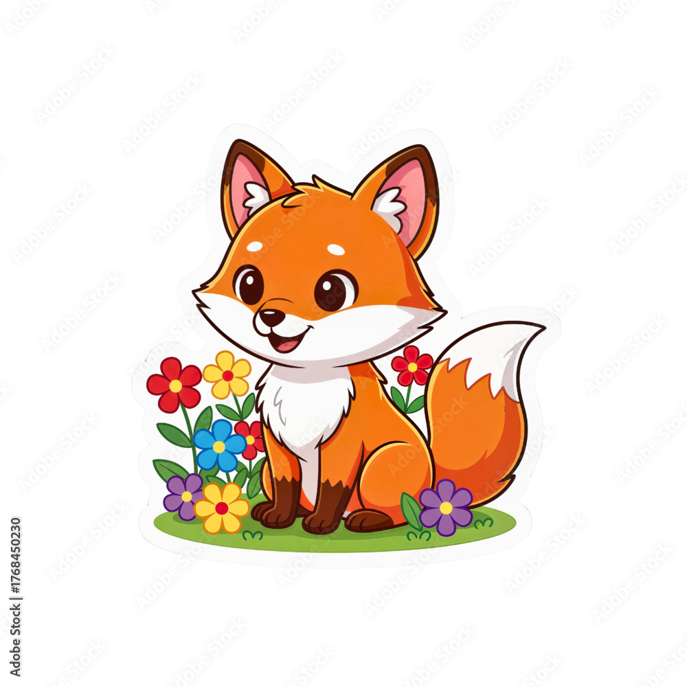 Obraz premium cartoon fox sitting among colorful flowers, cute animal illustration in flat style, perfect for kids design, stickers, and nursery prints